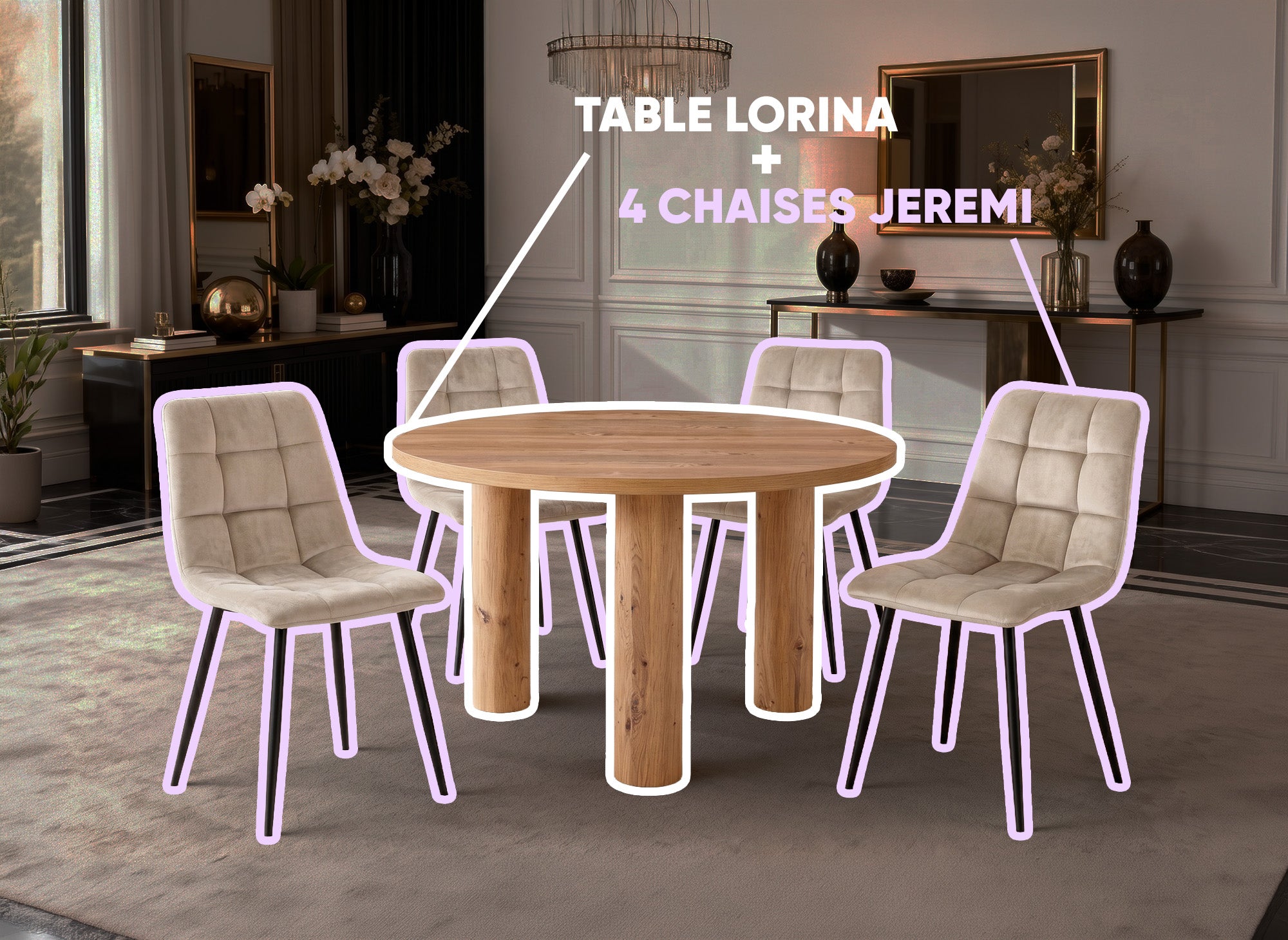 Table à manger LORINA + Lot de 4 chaises en velours beige JEREMI