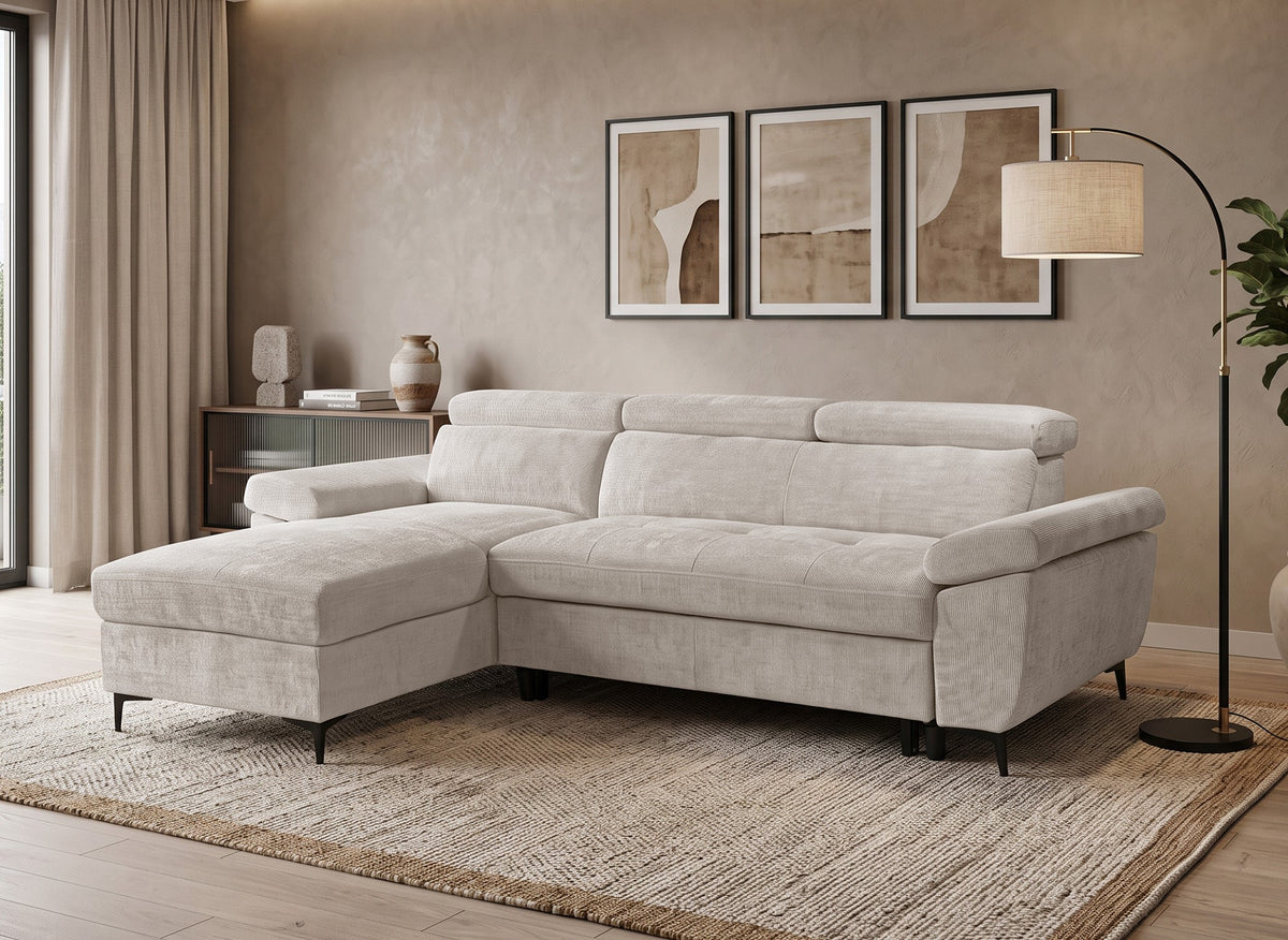 Canapé d'angle convertible en velours chiné beige MONICA - Angle gauche