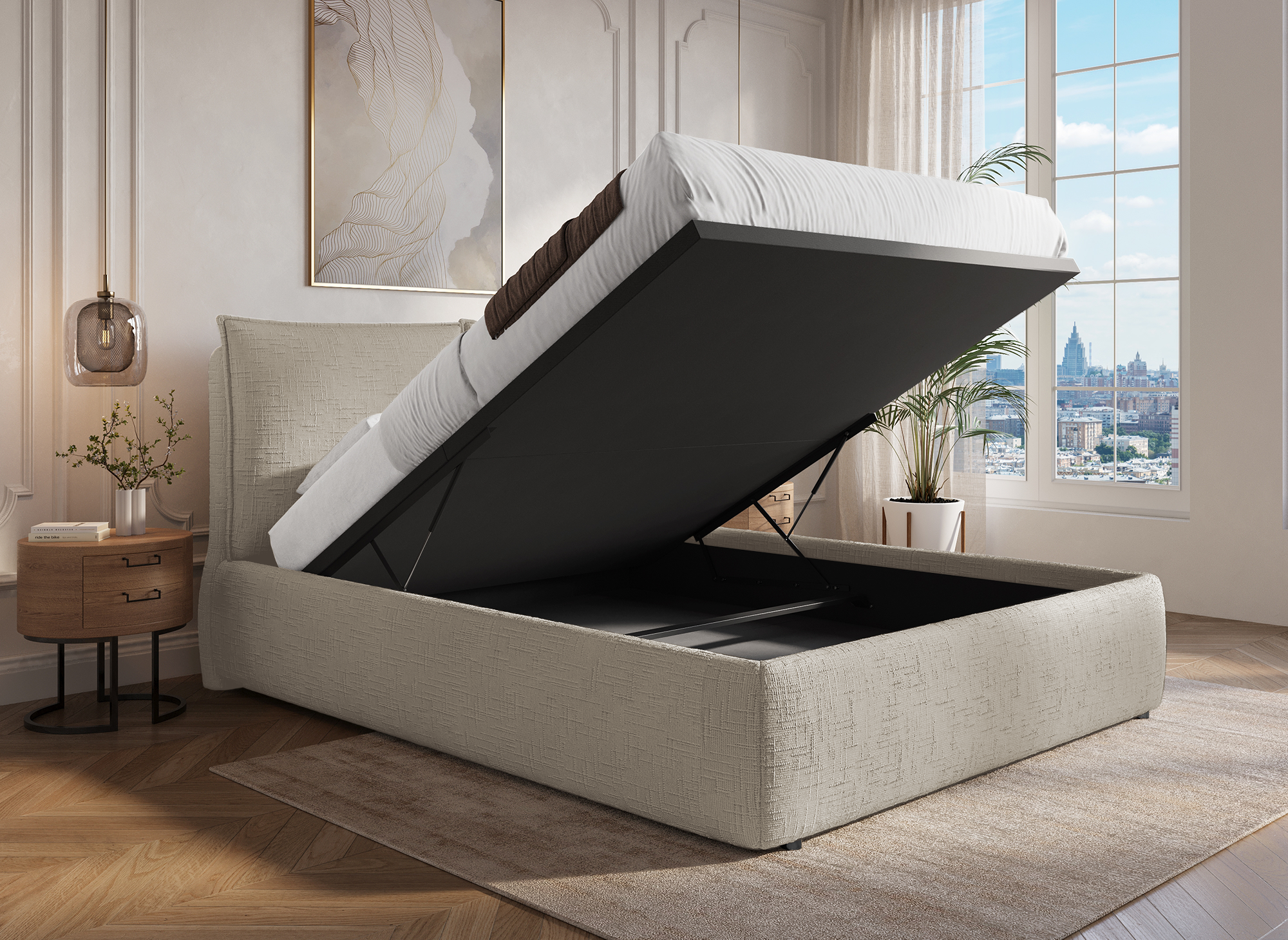 Lit coffre en velours chiné taupe 140x190 cm MELY