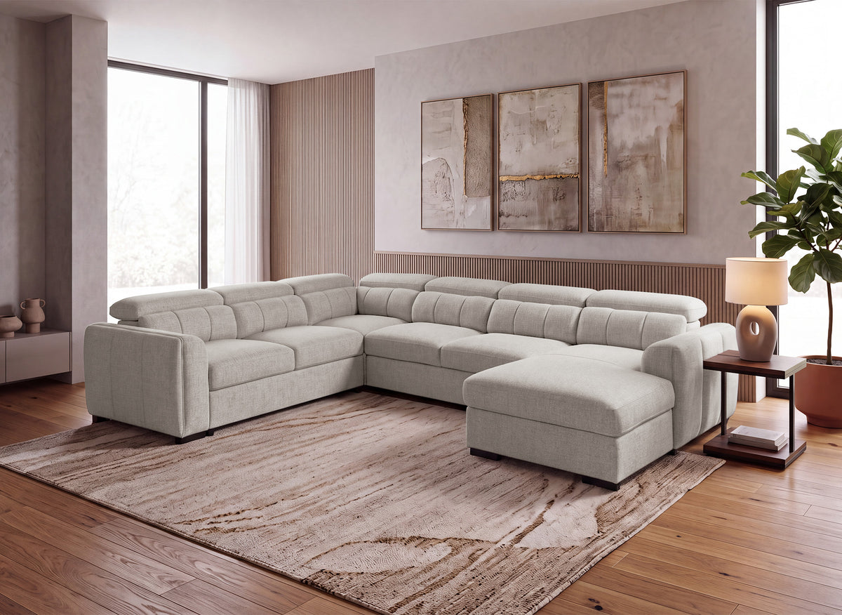 Canapé panoramique convertible avec coffre en tissu bouclette taupe NAJAH - Angle droit