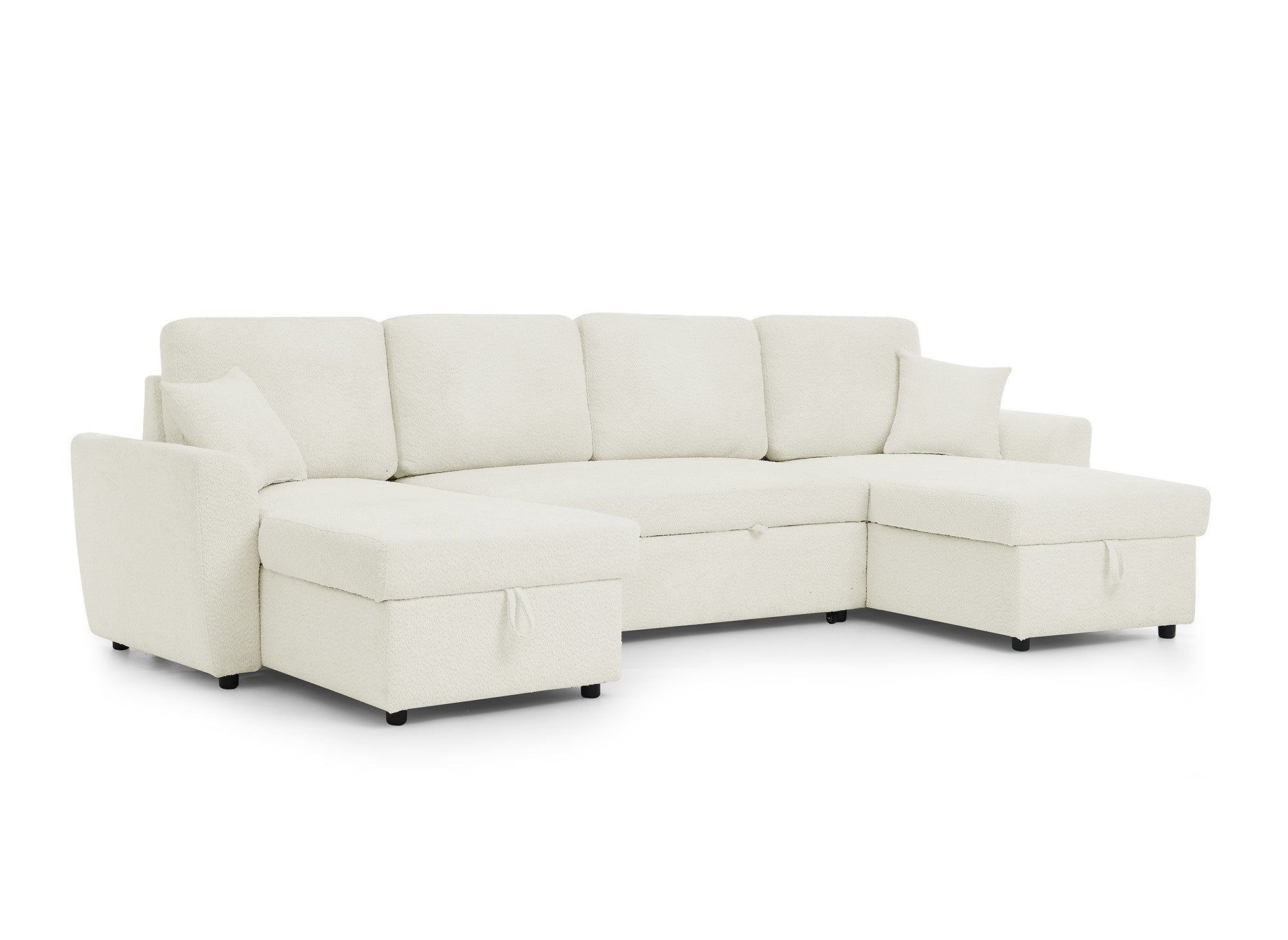 Canapé panoramique convertible 2 coffres de rangement en tissu bouclette beige ADRYEN