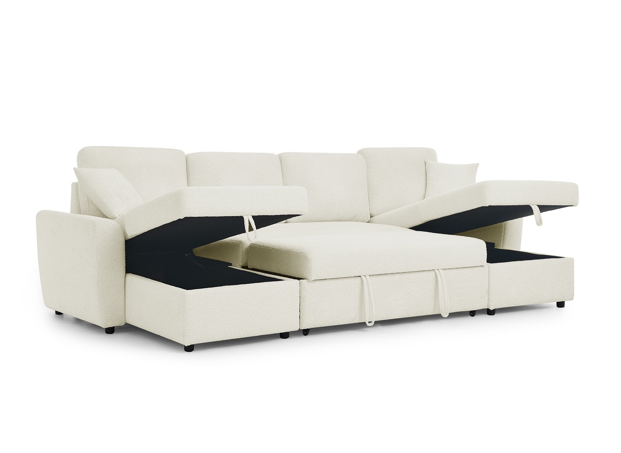 Canapé panoramique convertible 2 coffres de rangement en tissu bouclette beige ADRYEN