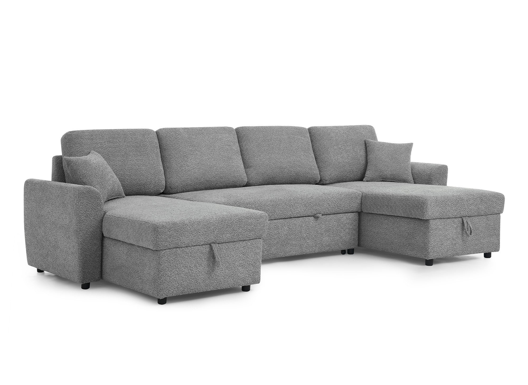 Canapé panoramique convertible 2 coffres de rangement en tissu bouclette gris ADRYEN