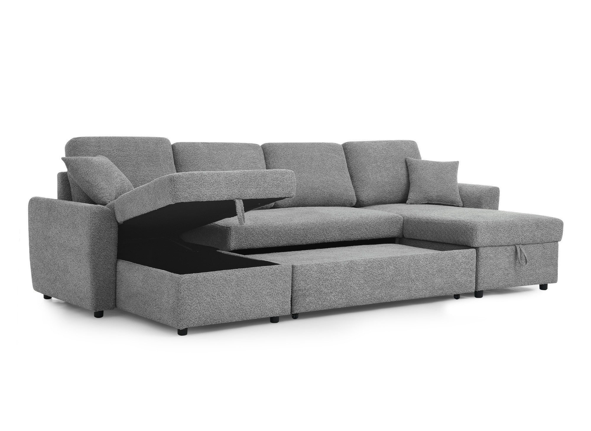 Canapé panoramique convertible 2 coffres de rangement en tissu bouclette gris ADRYEN