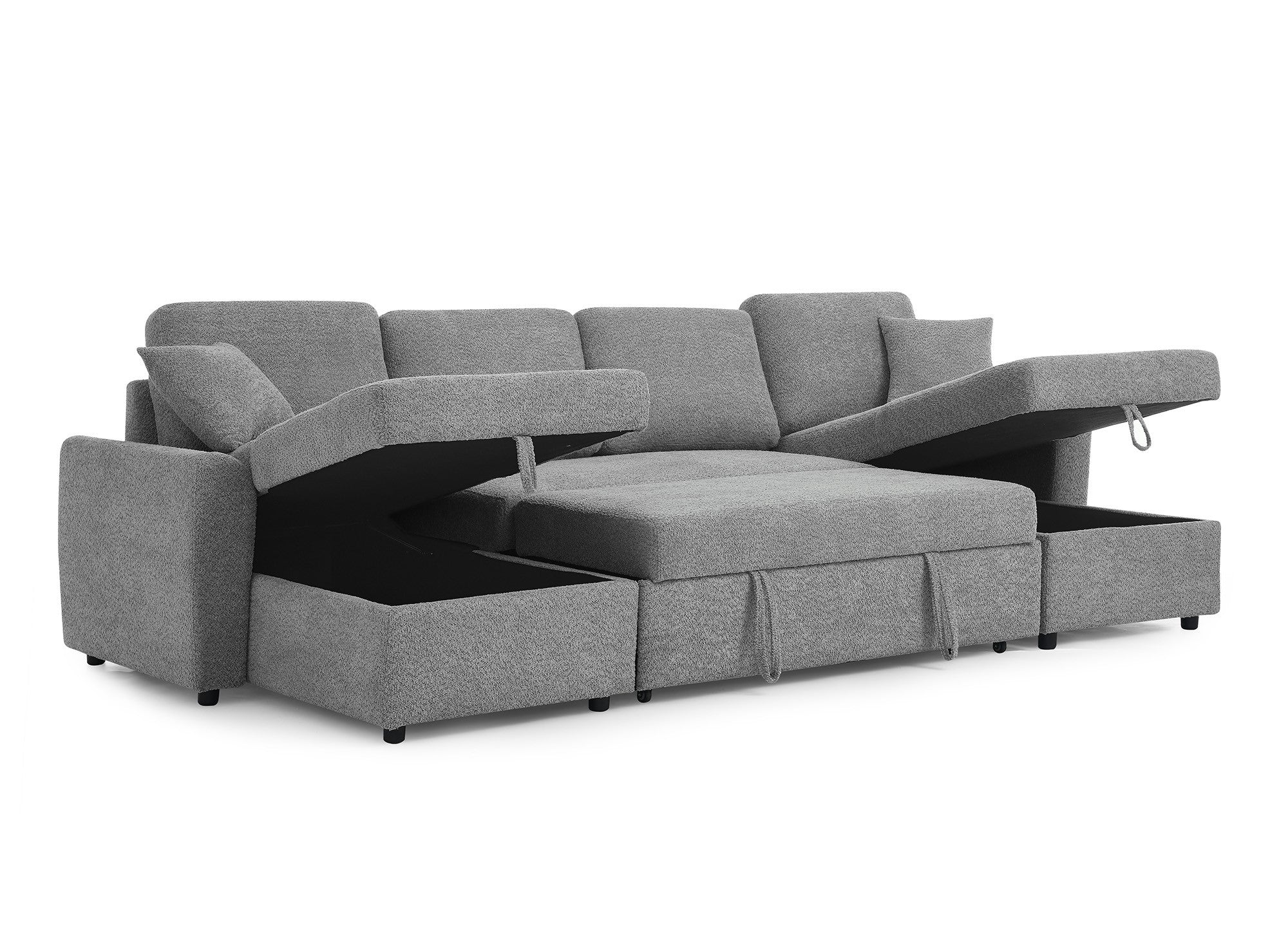 Canapé panoramique convertible 2 coffres de rangement en tissu bouclette gris ADRYEN