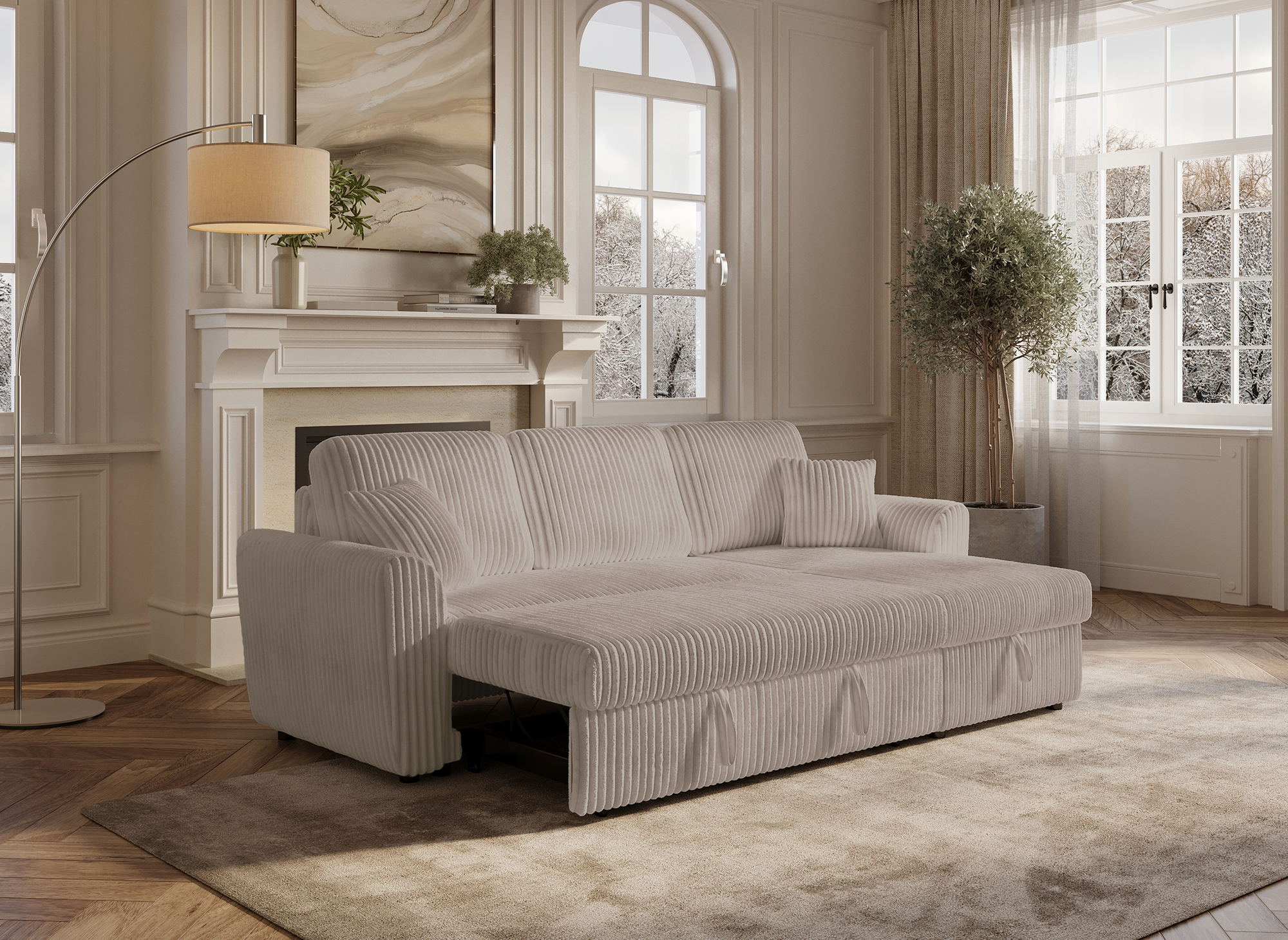 Canapé d'angle convertible et réversible avec coffre en velours côtelé épais taupe ADRYEN