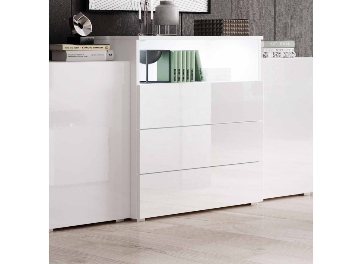 Buffet commodes 2 portes 3 tiroirs blanc laqué avec LED - MARCEL - DécoInParis