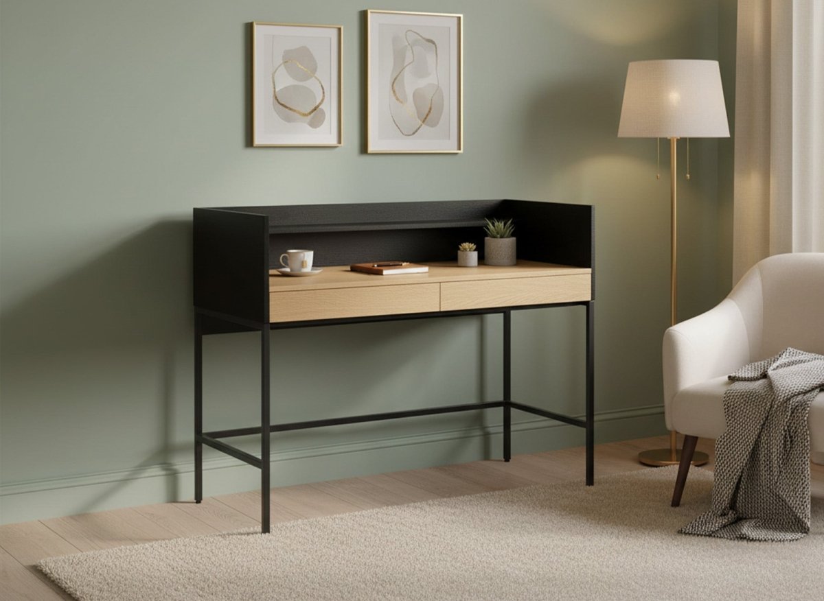 Bureau 2 tiroirs 1 étagère design industriel en bois et métal ALICE - DécoInParis