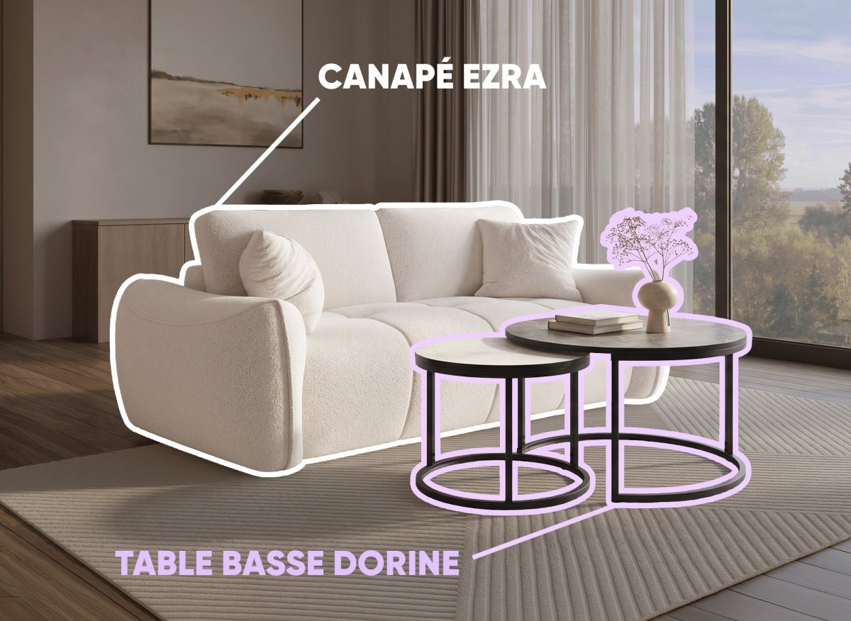 Canapé 3 places beige EZRA + Lot de 2 tables basses DORINE - DécoInParis