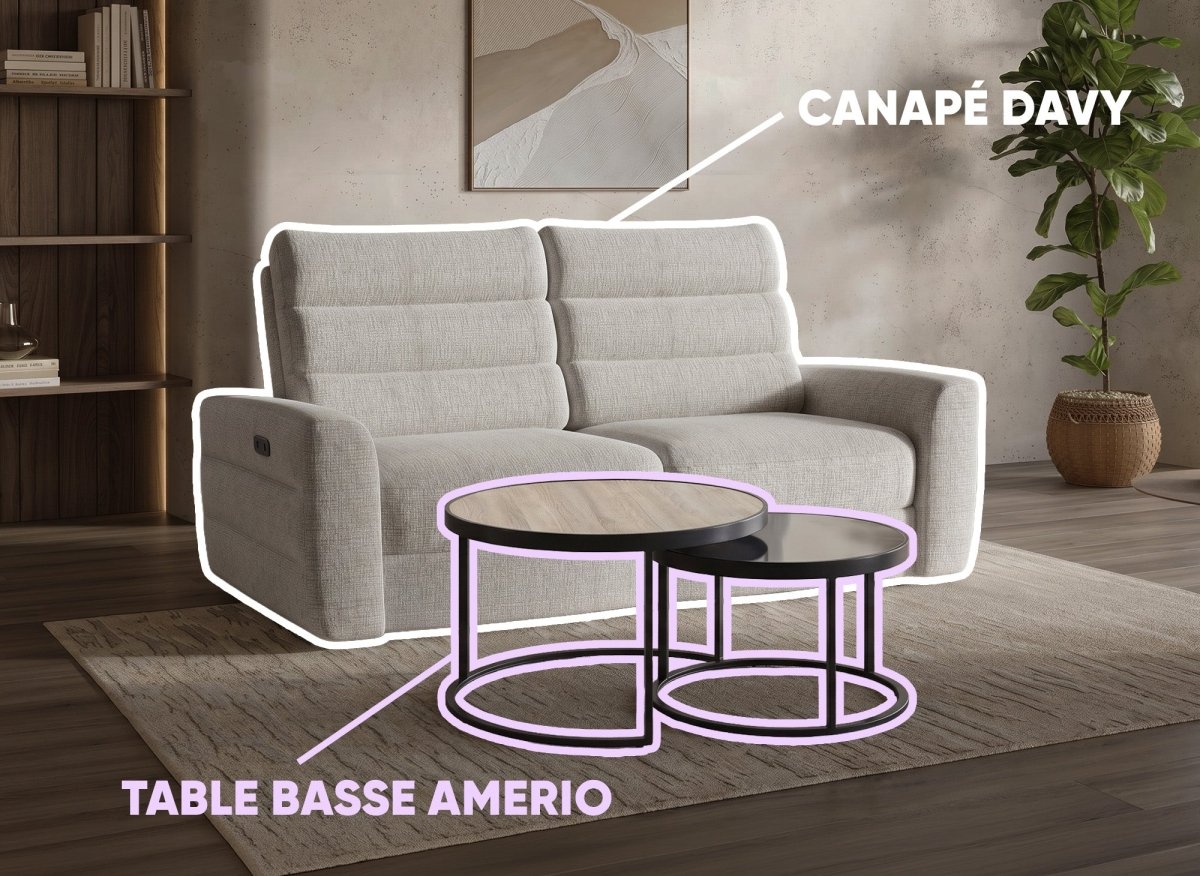 Canapé 3 places relax électrique DAVY + Lot de 2 tables basses AMERIO - DécoInParis