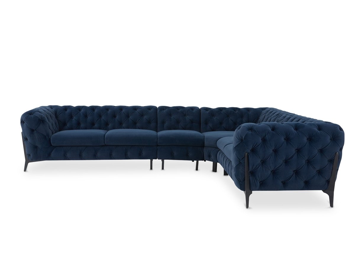 Canapé capitonné chesterfield d'angle réversible en velours bleu CARMEN - DécoInParis