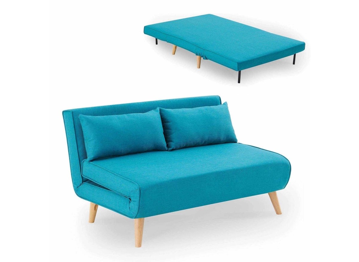 Canapé clic clac 2 places en tissu bleu turquoise TONKA - DécoInParis