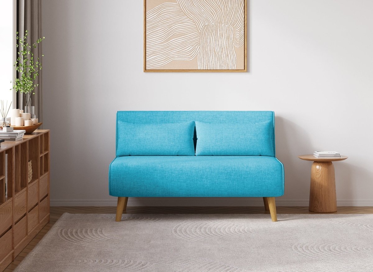 Canapé clic clac 2 places en tissu bleu turquoise TONKA - DécoInParis