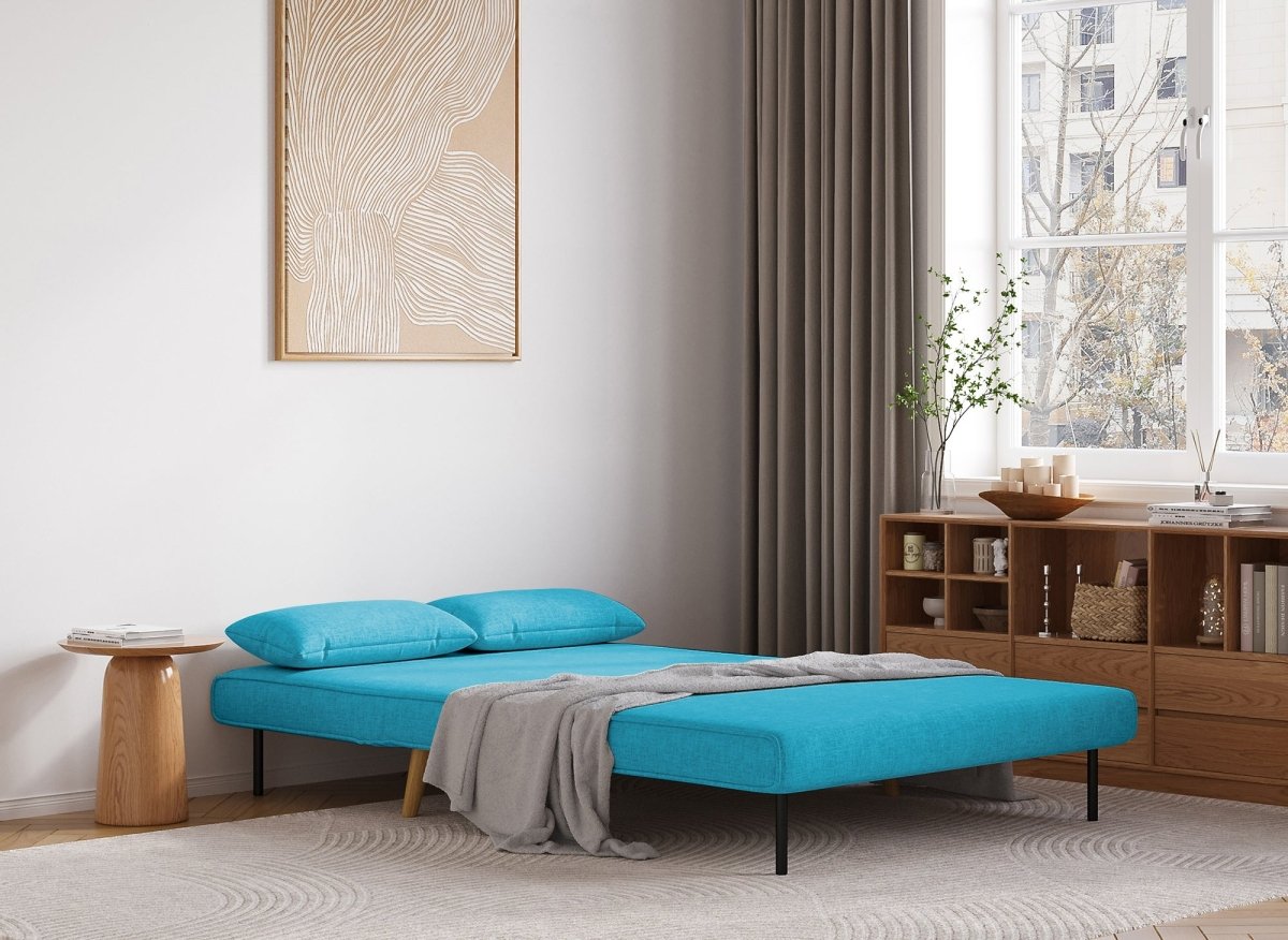 Canapé clic clac 2 places en tissu bleu turquoise TONKA - DécoInParis