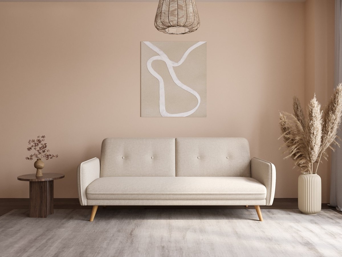 Canapé clic clac en tissu beige avec pieds en bois NATAL - DécoInParis