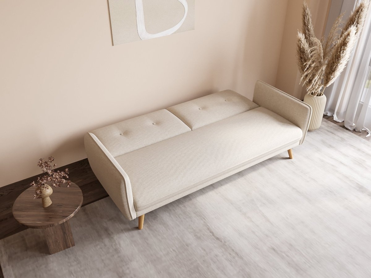 Canapé clic clac en tissu beige avec pieds en bois NATAL - DécoInParis