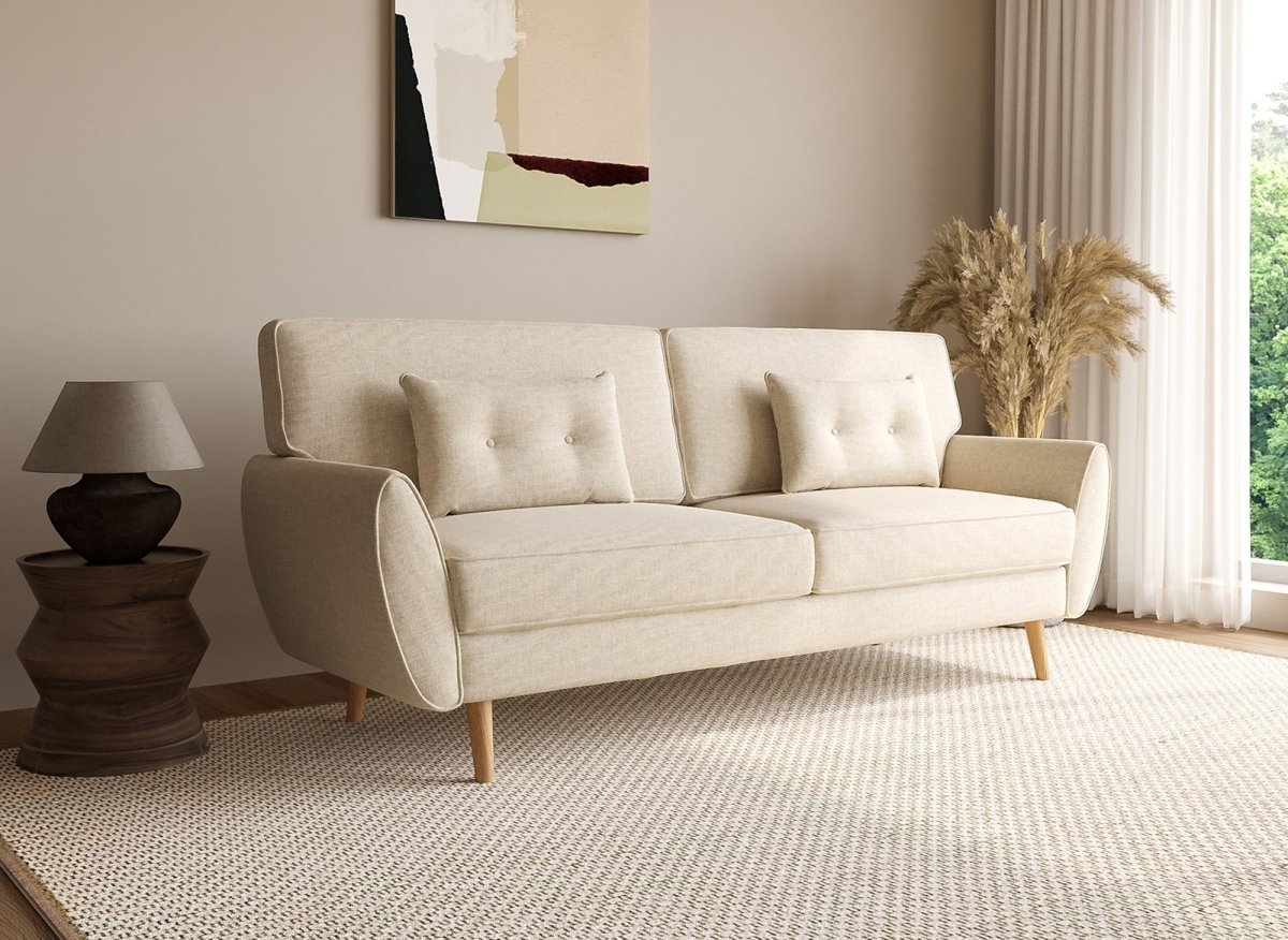 Canapé clic clac en tissu beige avec pieds en bois PANAMA - DécoInParis