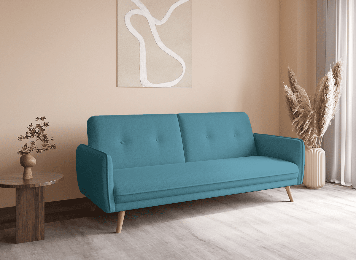 Canapé clic clac en tissu bleu avec pieds en bois NATAL - DécoInParis