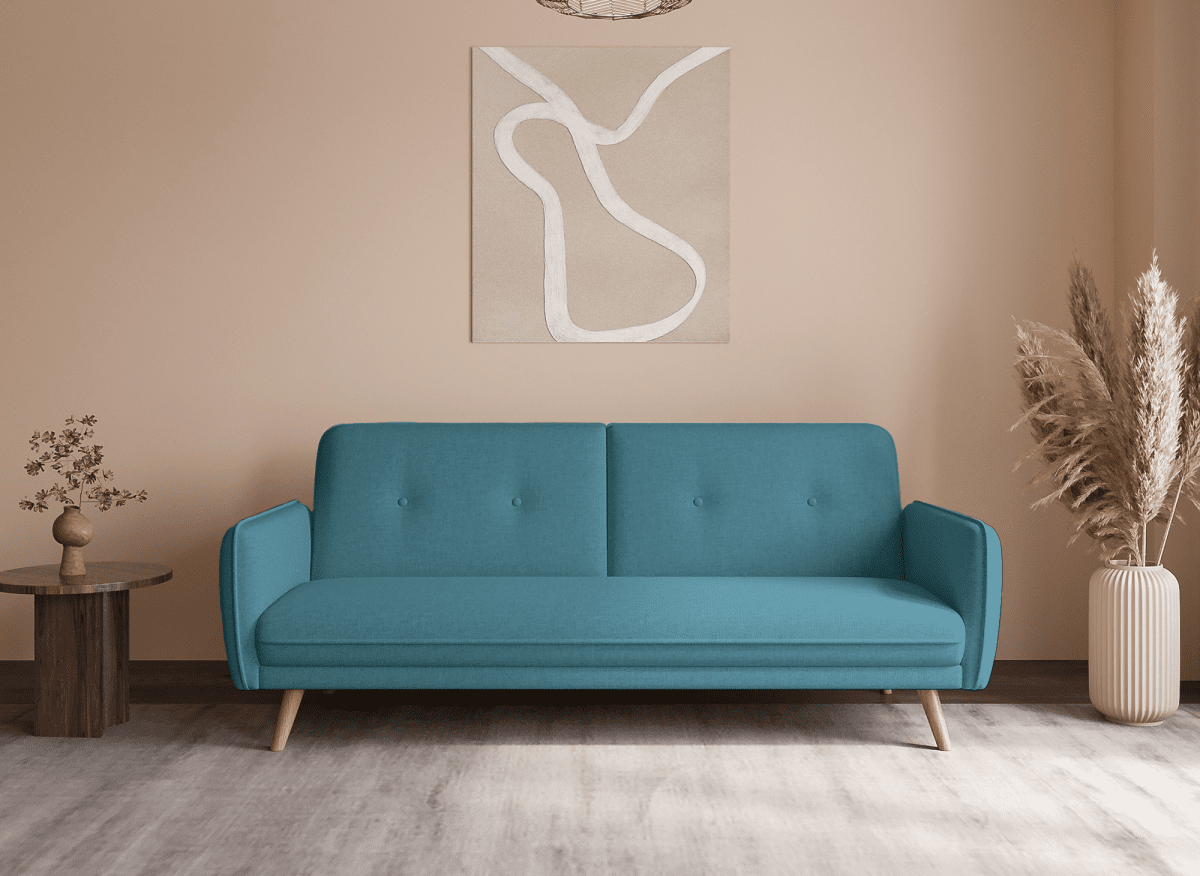 Canapé clic clac en tissu bleu avec pieds en bois NATAL - DécoInParis