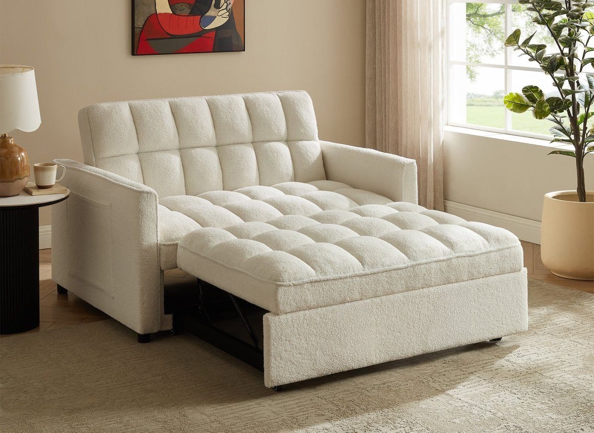 Canapé convertible 2 places en tissu bouclette écru JASPER - DécoInParis