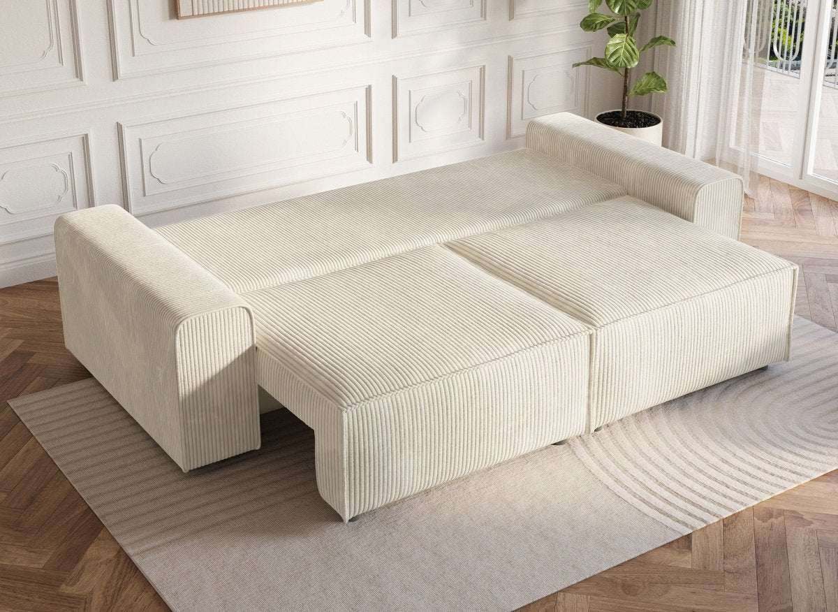 Canapé convertible 3 places avec coffre en velours côtelé épais beige DONA - DécoInParis
