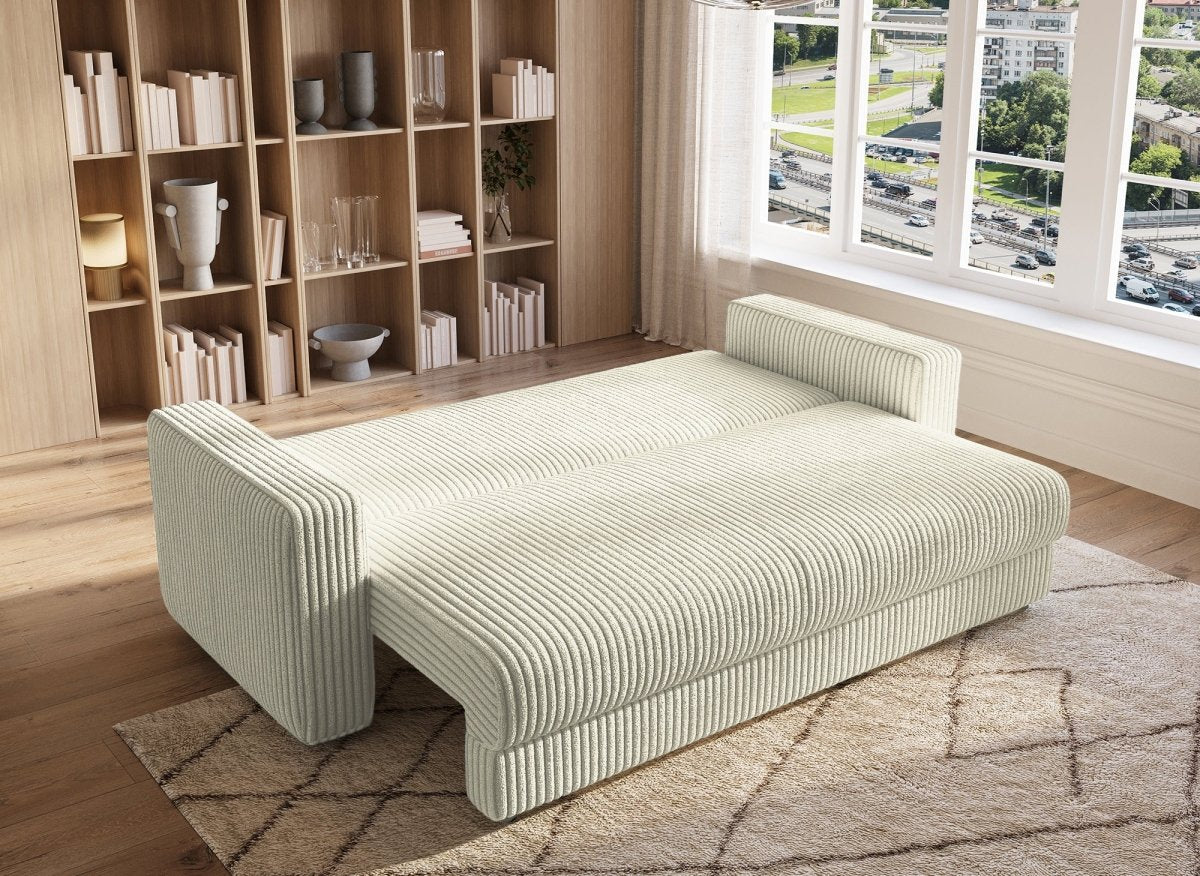 Canapé convertible 3 places avec coffre en velours côtelé épais beige ZURIA - DécoInParis