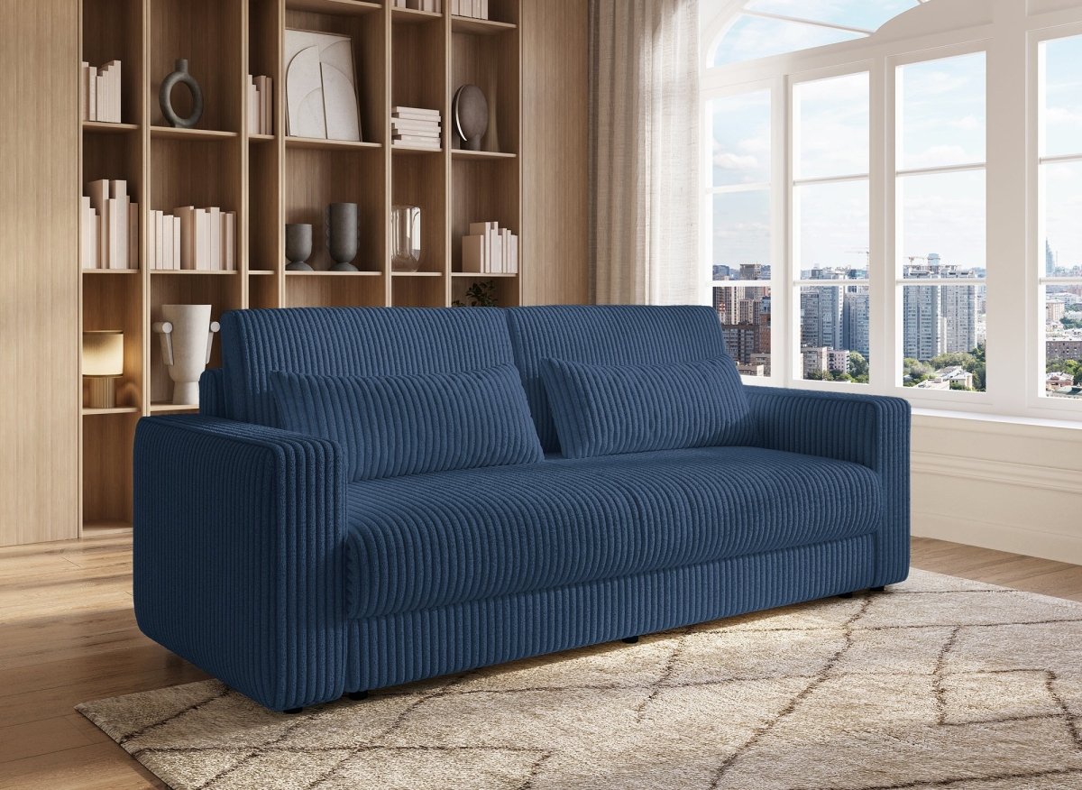 Canapé convertible 3 places avec coffre en velours côtelé épais bleu ZURIA - DécoInParis