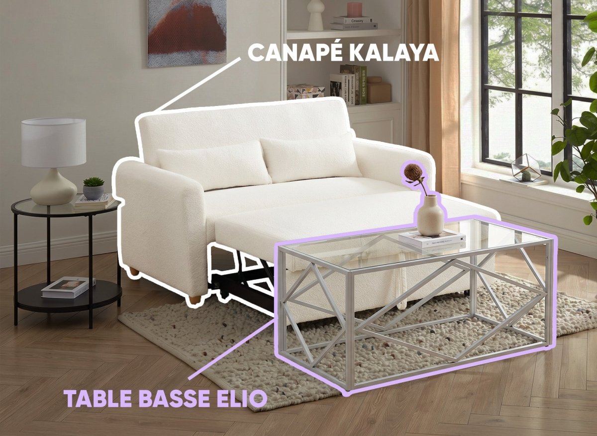 Canapé convertible 3 places écru KALAYA + Table basse ELIO - DécoInParis