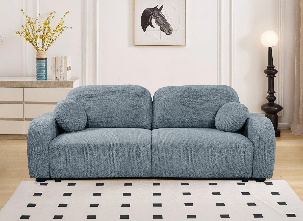 Canapé convertible 3 places en tissu bouclette bleu MAYORA - DécoInParis