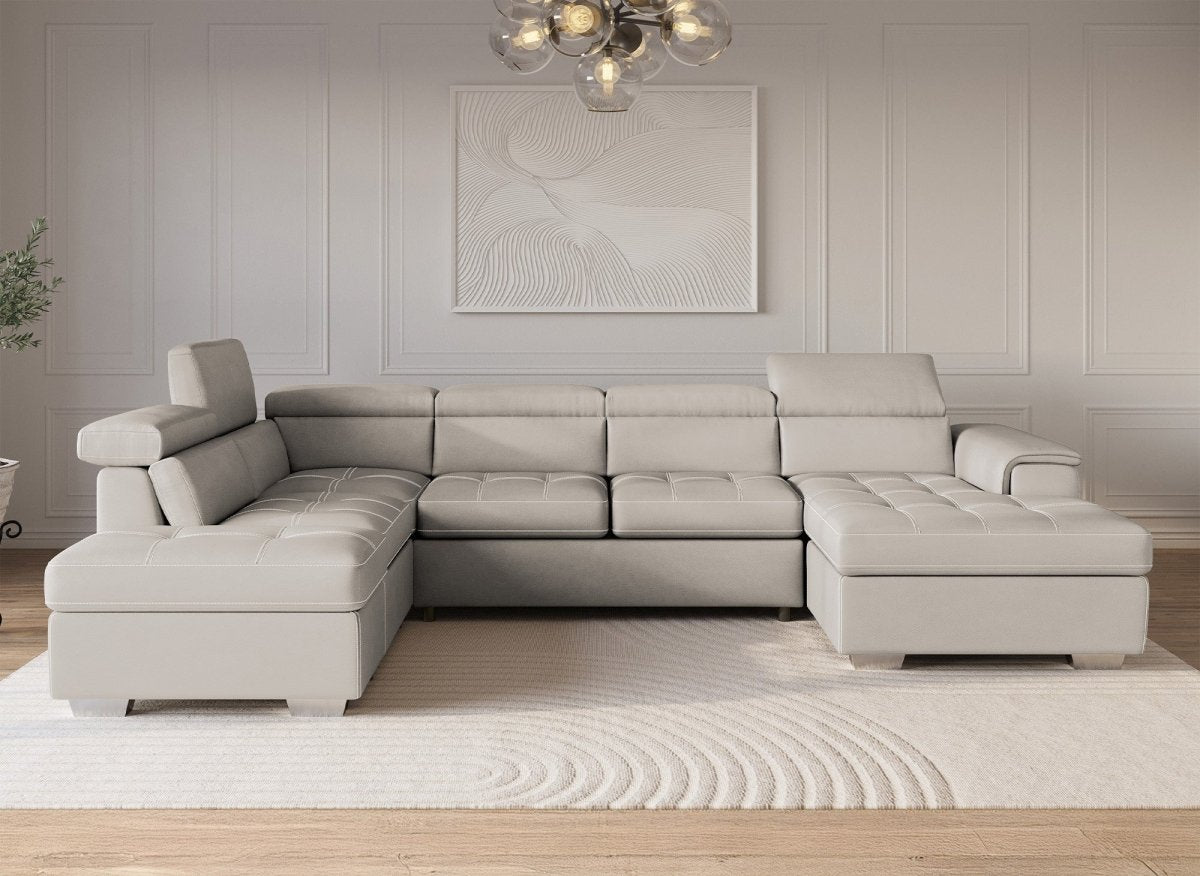 Canapé convertible et panoramique avec coffre de rangement en tissu beige OLIVER - Angle Droit - DécoInParis