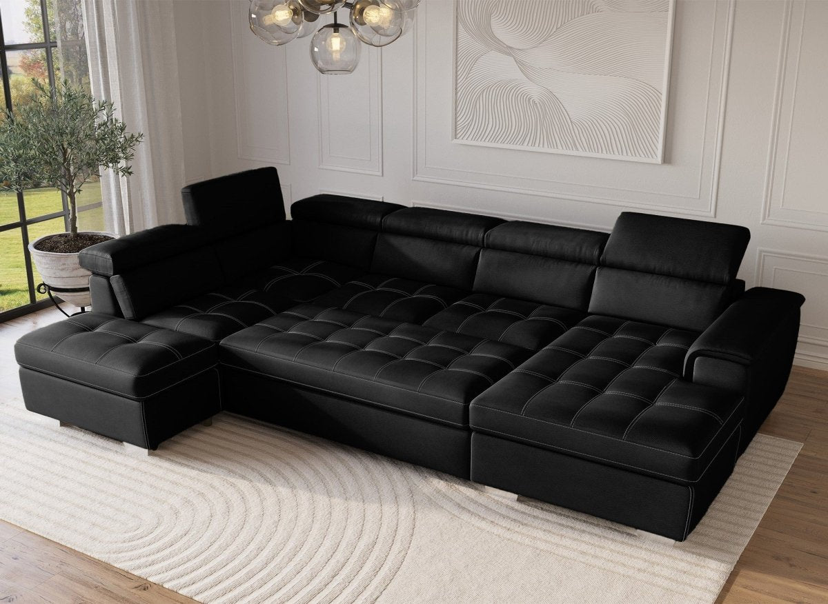 Canapé convertible et panoramique avec coffre de rangement en tissu noir OLIVER - Angle Droit - DécoInParis