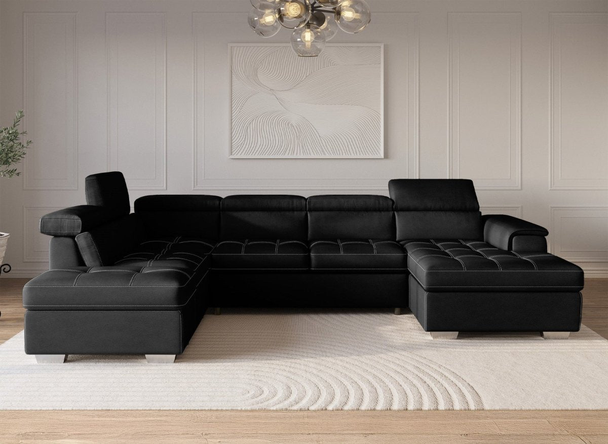 Canapé convertible et panoramique avec coffre de rangement en tissu noir OLIVER - Angle Droit - DécoInParis