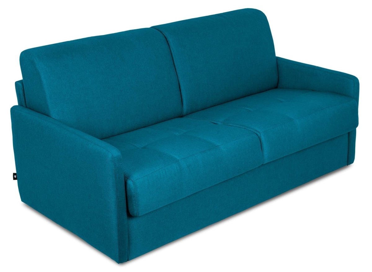 Canapé convertible express 3 places en tissu bleu pétrole LOUNA SLIM - DécoInParis