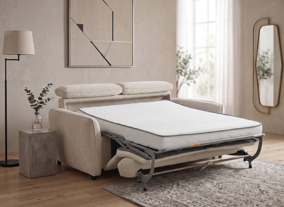 Canapé convertible express 3 places en tissu texturé beige JACINTHE - DécoInParis