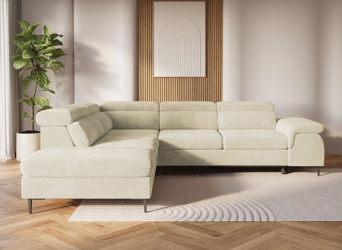 Canapé d'angle convertible avec coffre de rangement en velours beige SWAN - Angle gauche - DécoInParis
