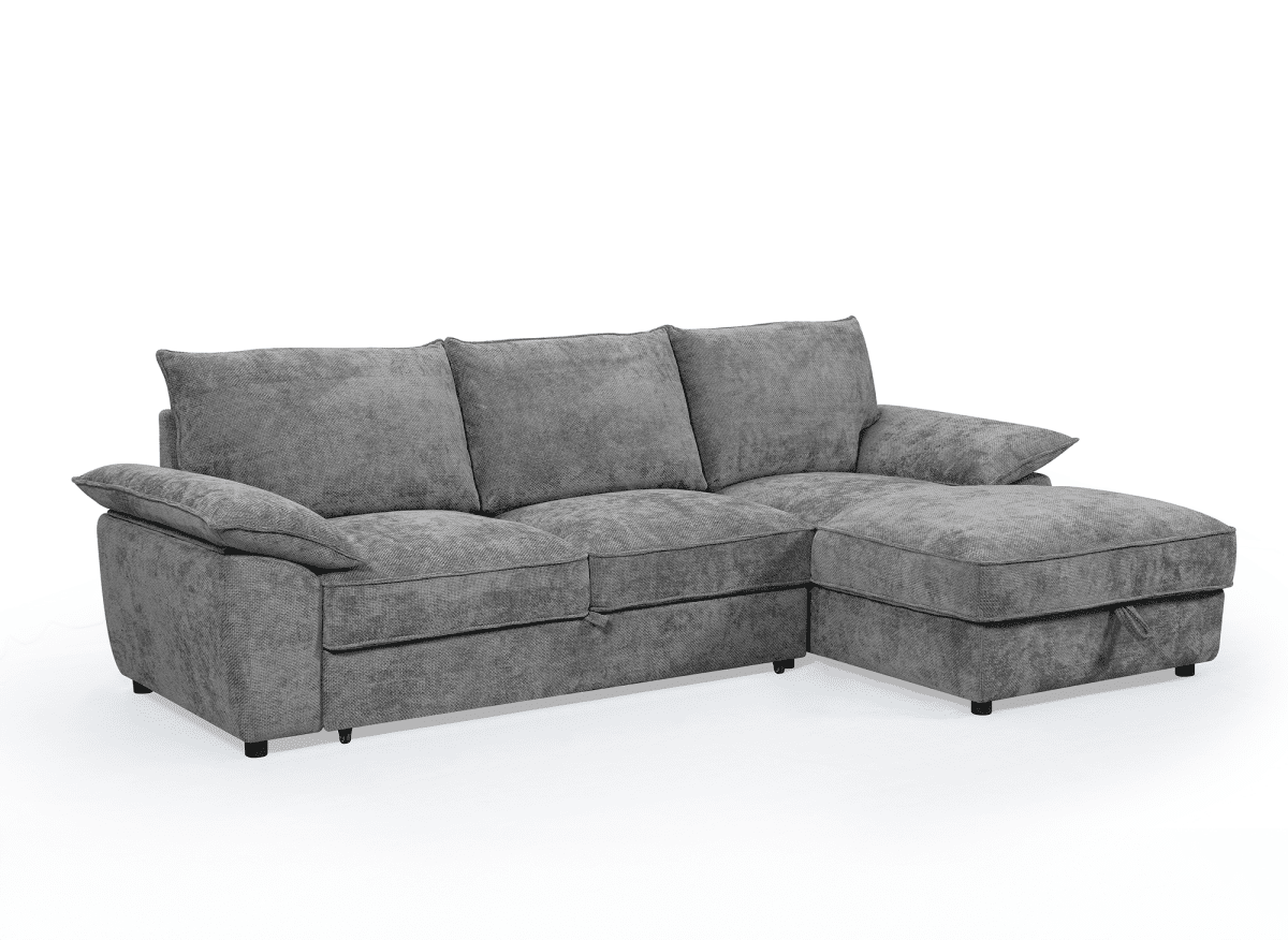 Canapé d'angle convertible avec coffre de rangement en velours chiné gris GABIN - Angle droit - DécoInParis