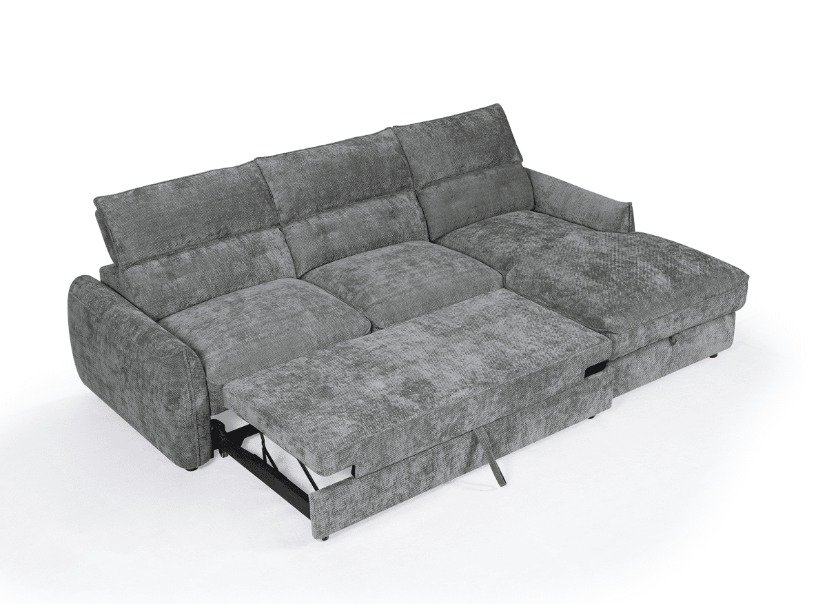 Canapé d'angle convertible avec coffre de rangement en velours chiné gris SAMINA - Angle droit - DécoInParis