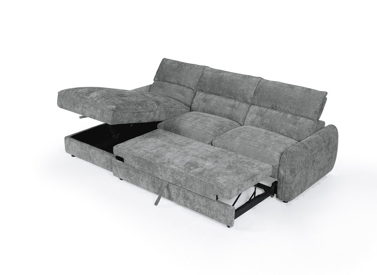Canapé d'angle convertible avec coffre de rangement en velours chiné gris SAMINA - Angle gauche - DécoInParis