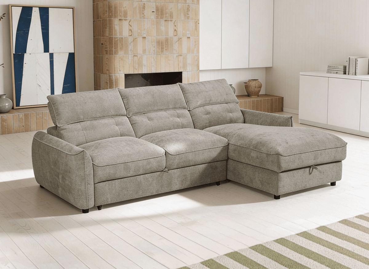 Canapé d'angle convertible avec coffre de rangement en velours chiné taupe SAMINA - Angle droit - DécoInParis