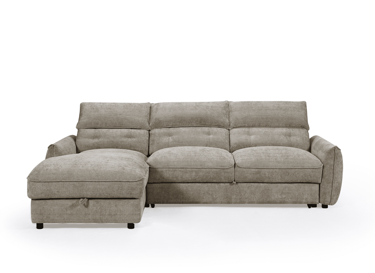 Canapé d'angle convertible avec coffre de rangement en velours chiné taupe SAMINA - Angle gauche - DécoInParis