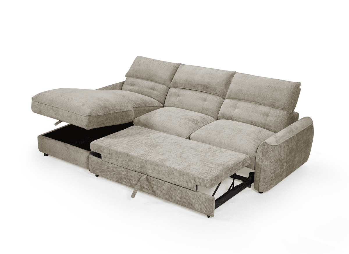 Canapé d'angle convertible avec coffre de rangement en velours chiné taupe SAMINA - Angle gauche - DécoInParis