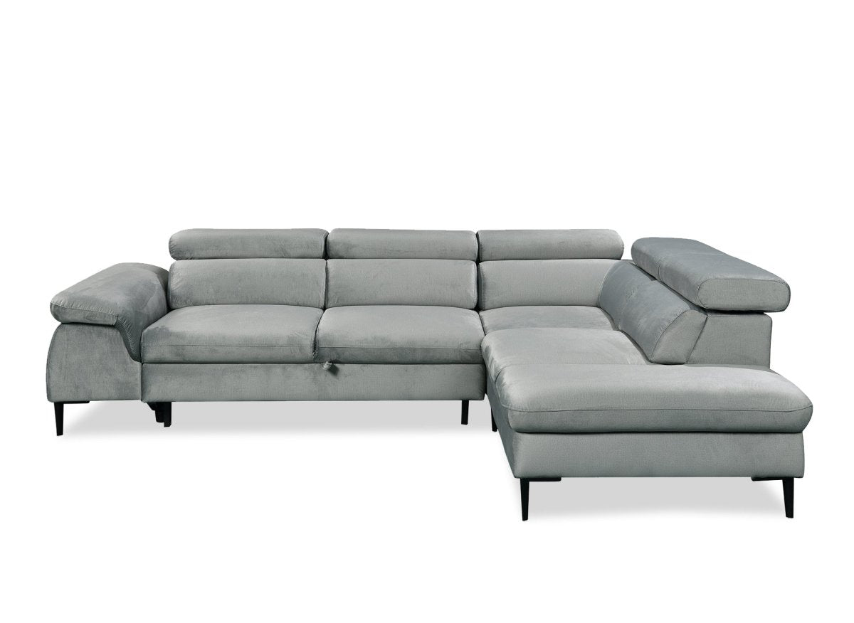 Canapé d'angle convertible avec coffre de rangement en velours gris SWAN - Angle droit - DécoInParis