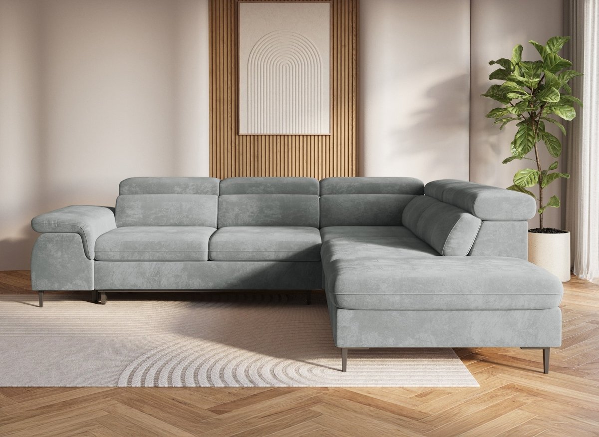 Canapé d'angle convertible avec coffre de rangement en velours gris SWAN - Angle droit - DécoInParis