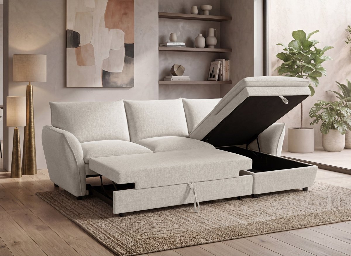 Canapé d'angle convertible avec coffre en tissu beige CAPUCINE - Angle droit - DécoInParis
