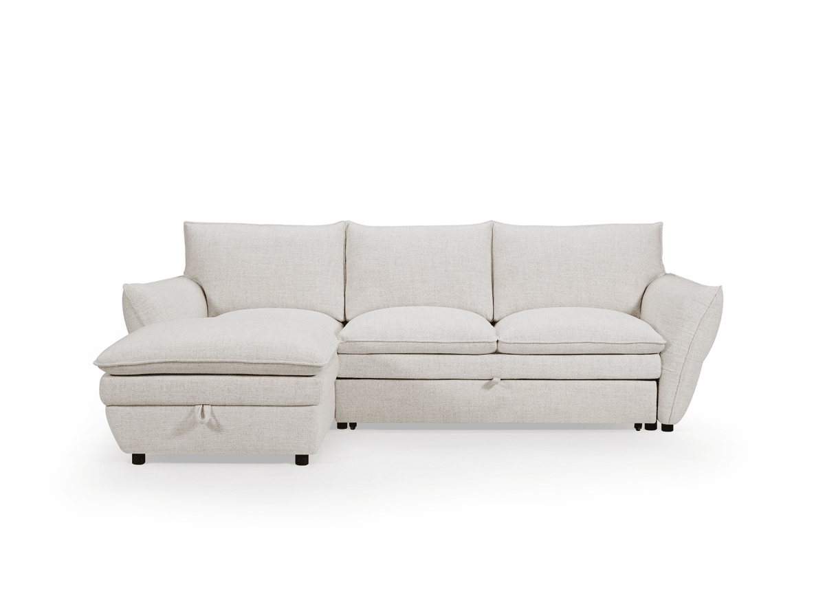 Canapé d'angle convertible avec coffre en tissu beige CAPUCINE - Angle gauche - DécoInParis