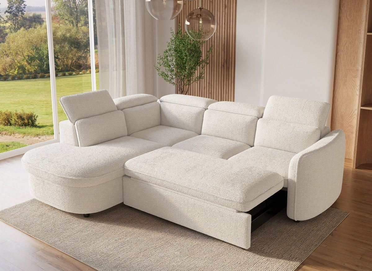 Canapé d'angle convertible avec coffre en tissu bouclette écru BAYA - angle gauche - DécoInParis
