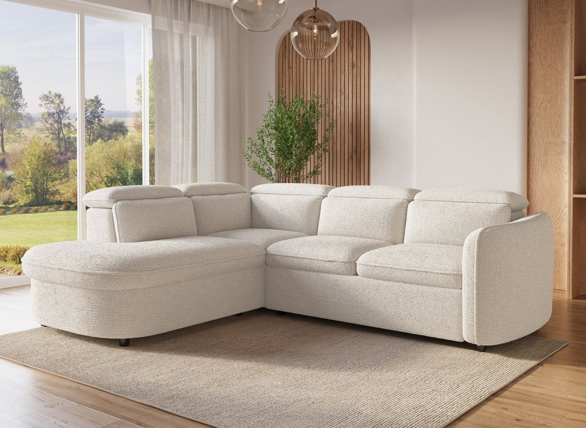 Canapé d'angle convertible avec coffre en tissu bouclette écru BAYA - angle gauche - DécoInParis