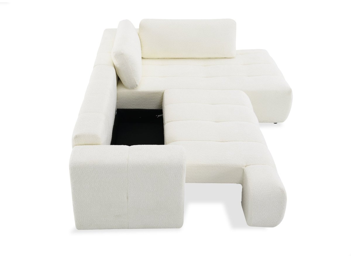 Canapé d'angle convertible avec coffre en tissu bouclette écru HAVEN - Angle droit - DécoInParis