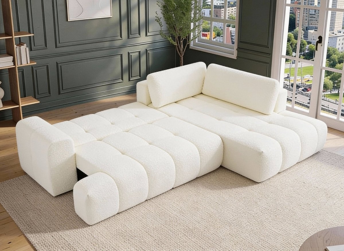 Canapé d'angle convertible avec coffre en tissu bouclette écru HAVEN - Angle droit - DécoInParis