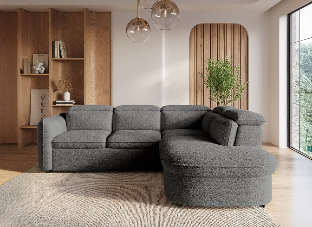 Canapé d'angle convertible avec coffre en tissu bouclette gris BAYA - angle droit - DécoInParis